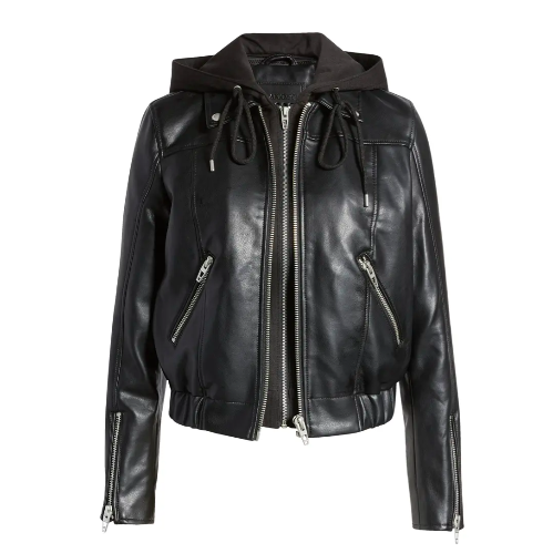 Blank NYC Faux Leather Bomber Jacket with Removable Hood