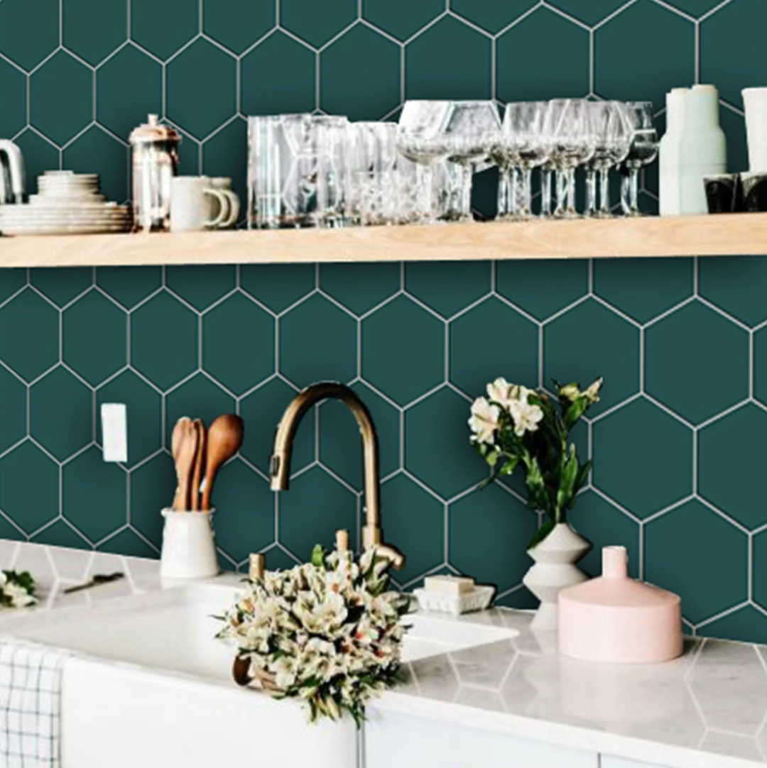 Kitchen and Bathroom Splashback - Removable Vinyl Wallpaper - Hexa Peacock Green