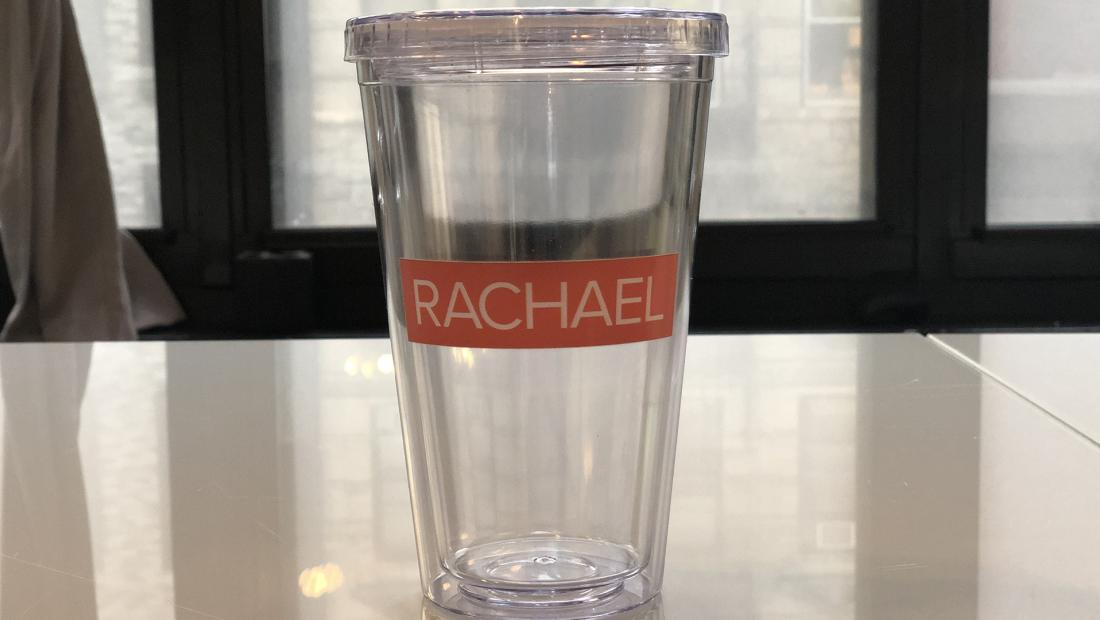 Tumbler with "Rachael" show logo
