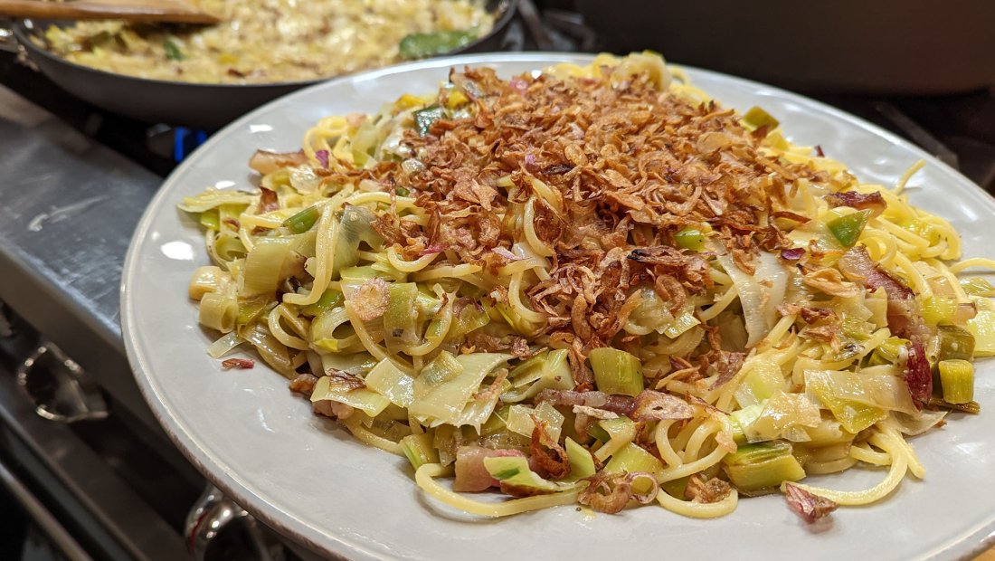 Chitarra (Guitar String Spaghetti) with Guanciale and Leeks