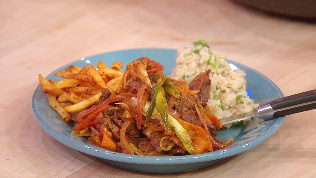 Peruvian-Style Beef Stir-Fry with Rice and Fries
