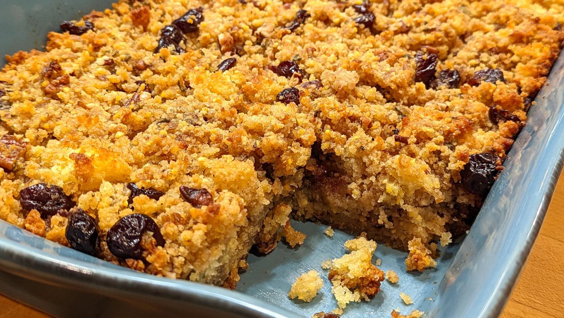 Cornbread Stuffing With Dried Cherries + Candied Pecans 