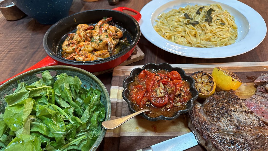 Rach's Valentine's Day Meal: Shrimp Fra Diavolo, Brown Butter Tagliatelle + Ribeye Steaks with Balsamic Tomatoes