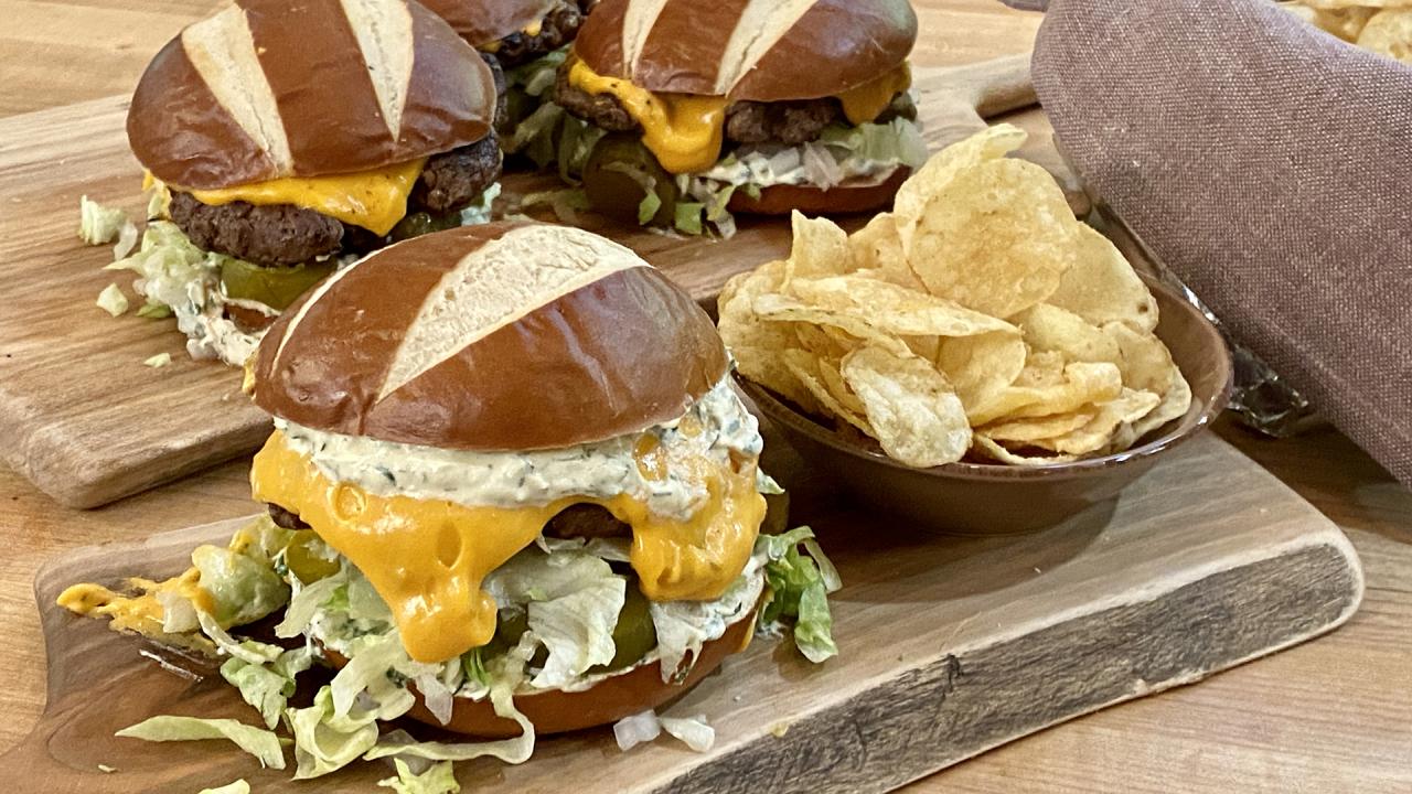 Ballpark Pretzel Bun Burgers Recipe with Dijon Ranch Special Sauce From Rachael Ray | Recipe - Rachael Ray Show