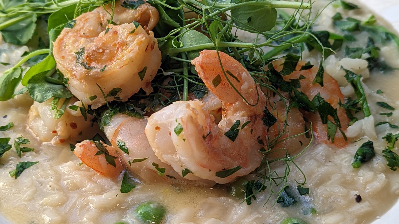 Lemon Risotto with Peas and Pea Tendrils and Scampi, Rachael Ray