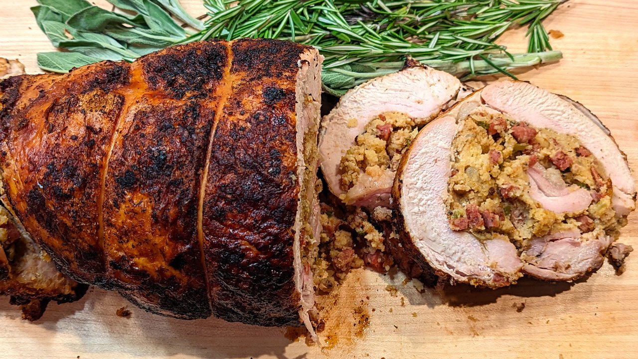 Turkey Roulade with Andouille-Cornbread Stuffing and Pan Gravy Emeril Lagasse Recipe