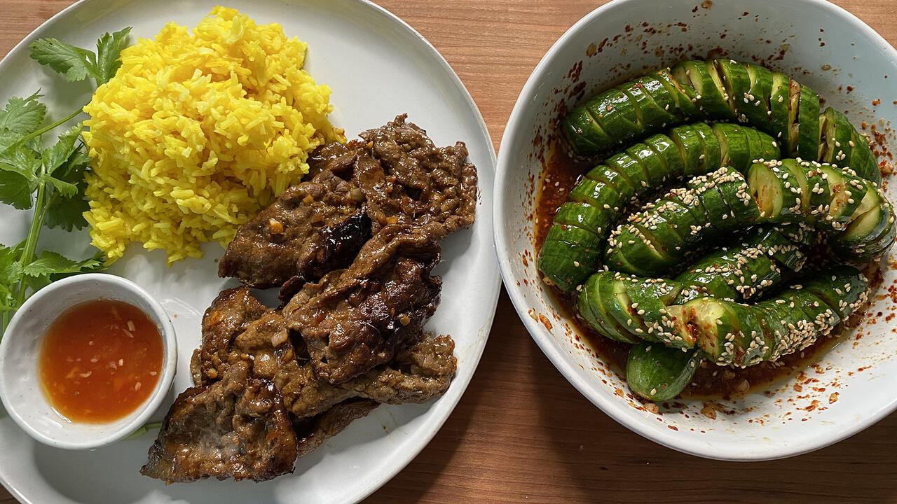 Lemongrass Beef with Turmeric Rice and Asian Cucumber Salad myhealthydish Recipe pic