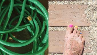 side-by-side of tangled hose and sandy feet