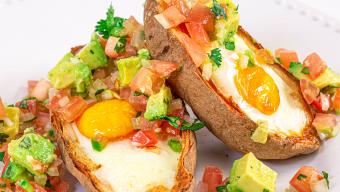 Eggs in Crispy Potato Skins with Avocado Salsa