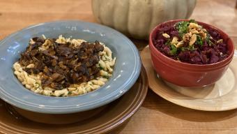 Spiced Red Cabbage + Spaetzle with Mushroom Sauce