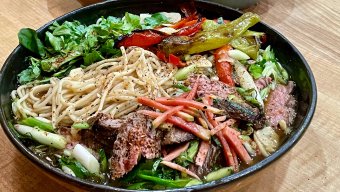 Miso & Smoked Soy Sauce Ramen with Sliced Steak & Peppers, Japanese-Style Tomato Salad + Zucchini Salad