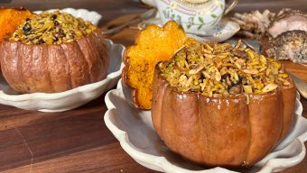 Stuffed Pumpkin with Spiced Fruit and Nut Rice