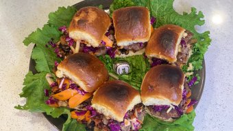 Sliders With Bacon, Sesame Slaw & Beer Caramelized Onions