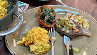 Minute Steaks, Eggs and Broiled Garlic and Herb Stuffed Tomatoes