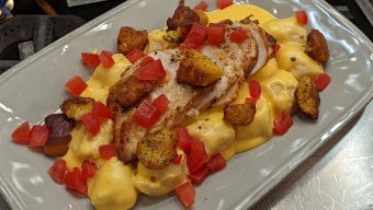 Tomato Gnocchi with Cheese Sauce, Chicken and Mustard Croutons      