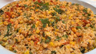 Spicy Fregola with Zucchini, Corn and Ricotta Cheese