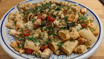 Paccheri with Swordfish, Capers and Olives