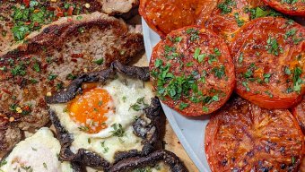 Egg-Stuffed Portobello Mushrooms, Steak and Broiled Tomatoes with Oil + Vinegar