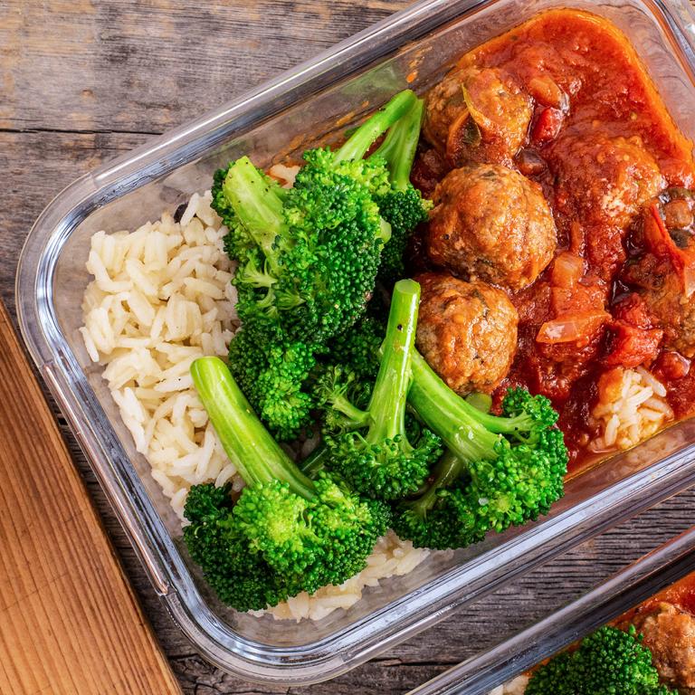 meal-prepped meatballs, broccoli and rice
