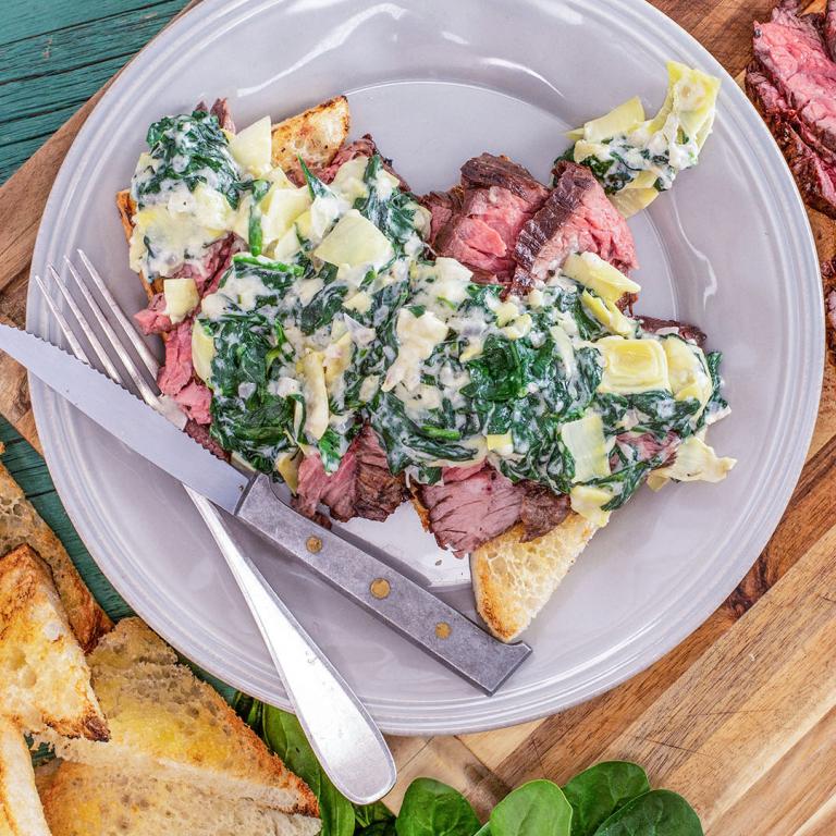Rachael's Sliced Steak with Creamed Spinach & Artichokes