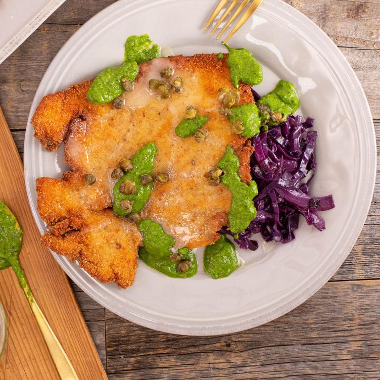 Rachael's Arthurs-Style Chicken Schnitzel with Whipped Honey & Green Hot Sauce + Braised Red Cabbage