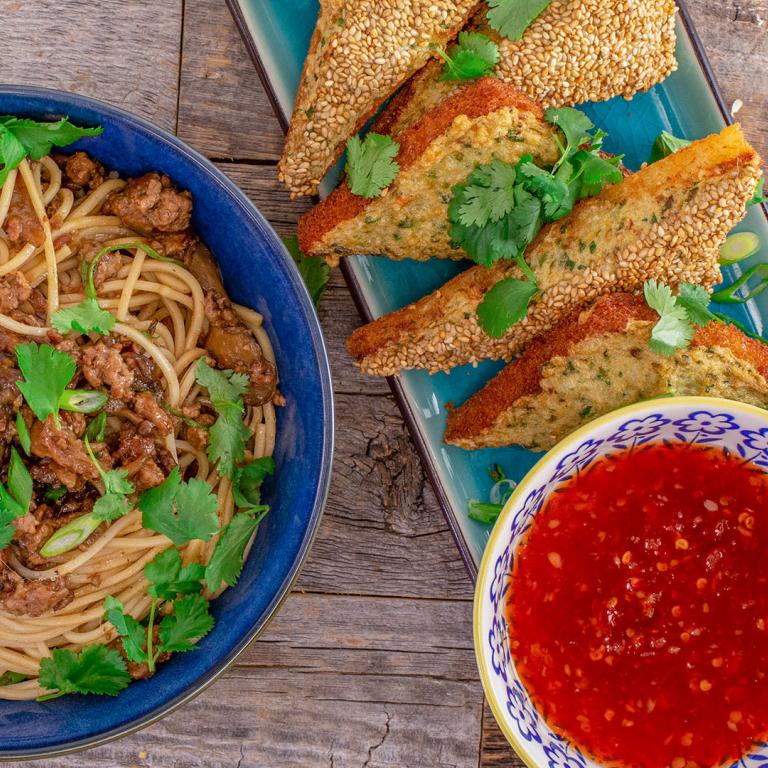 Taiwanese Make-Your-Own Take-Out: Rachael's Shrimp Toast and Taiwanese Meat Sauce with Egg Noodles or Rice 