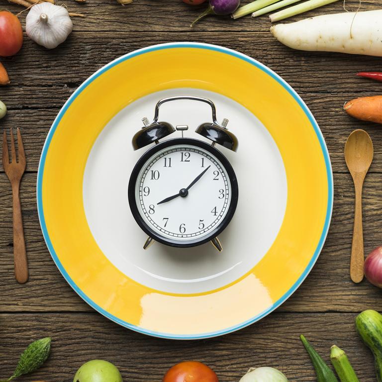 clock on plate surrounded by vegetables