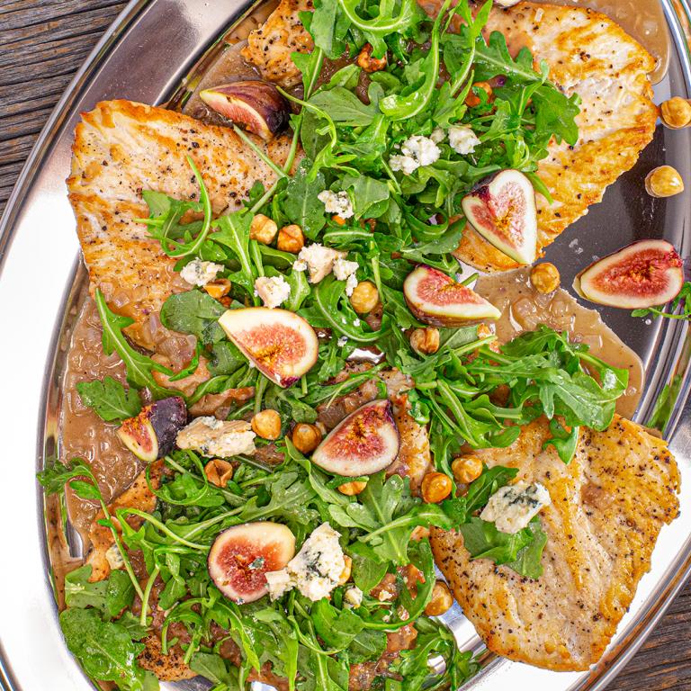 Chicken Paillard with Apple Butter Sauce, Figs and Arugula
