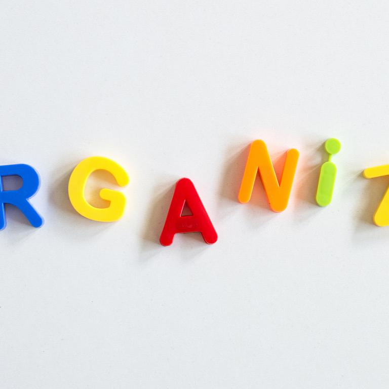 alphabet magnets spelling out the word organize