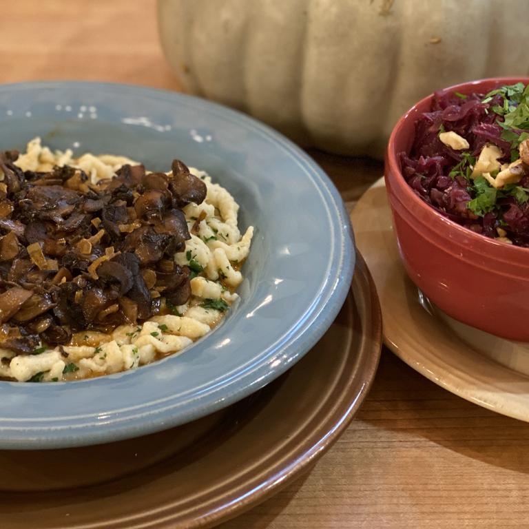 Spiced Red Cabbage + Spaetzle with Mushroom Sauce