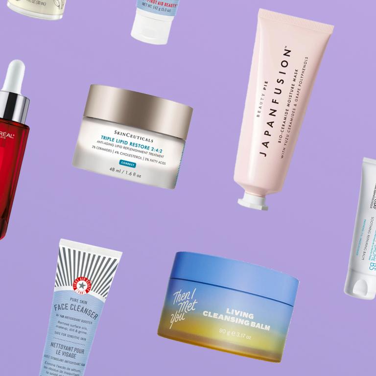 various skincare products on background