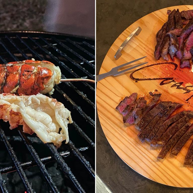 grilled lobster tails and steak photos side by side