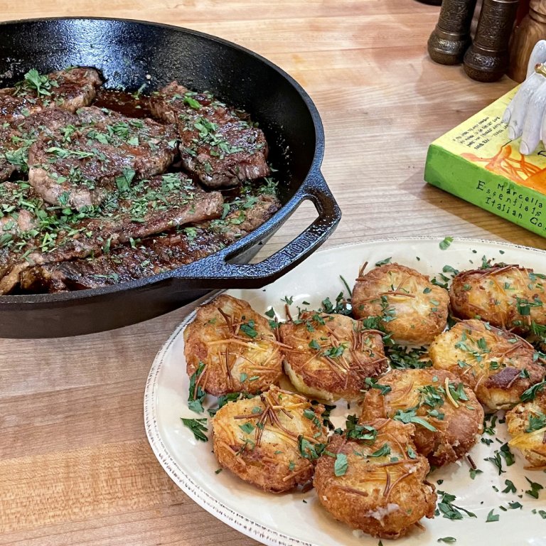 Deviled Steaks and Marcella Hazan's Style Crispy Potato Croquettes