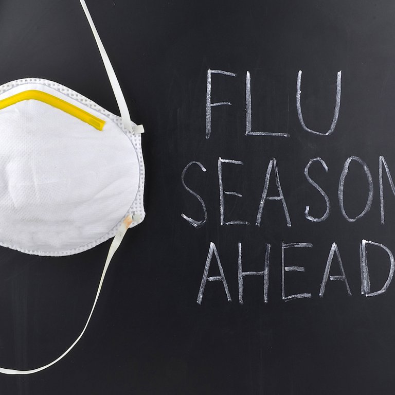 A mask next to a sign for flu season.