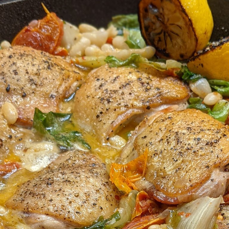 Chicken with Greens, Beans and Semi-Dried Tomatoes