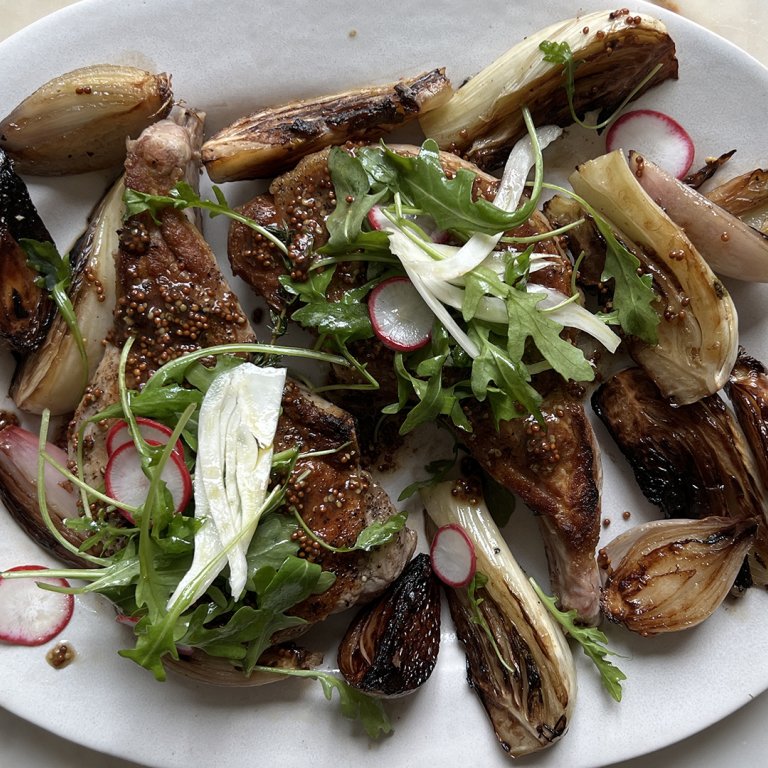 Pan-Roasted Pork Chops with Shallots, Fennel and Arugula