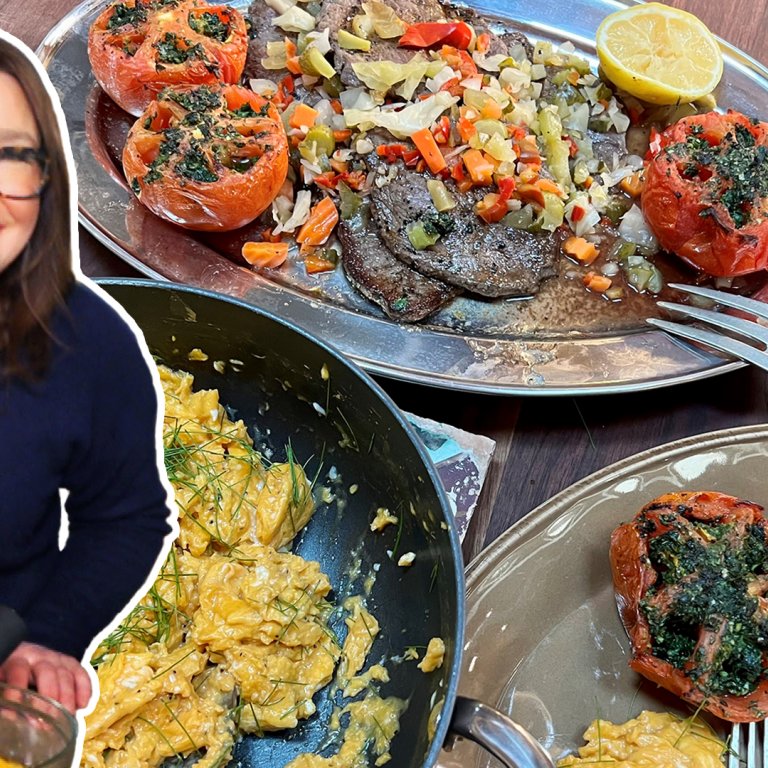 Minute Steaks, Eggs and Broiled Garlic & Herb Stuffed Tomatoes | Rachael Ray