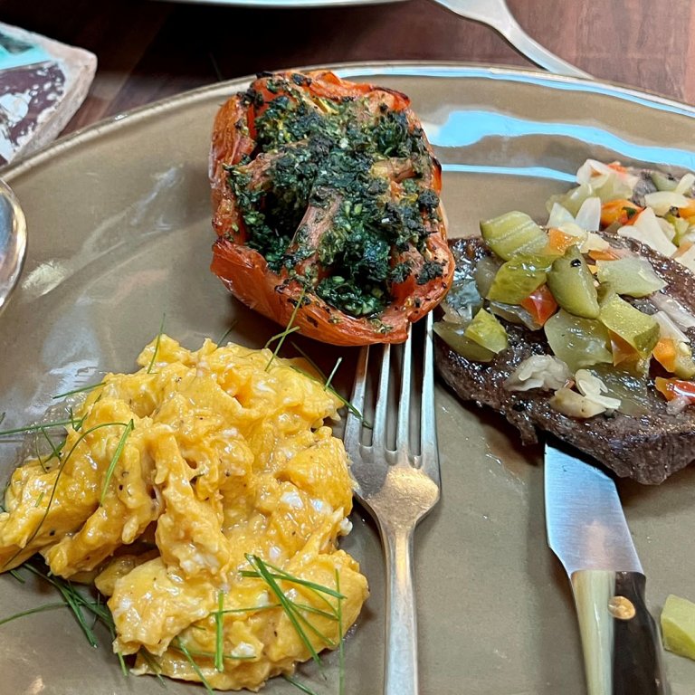 Minute Steaks, Eggs and Broiled Garlic and Herb Stuffed Tomatoes