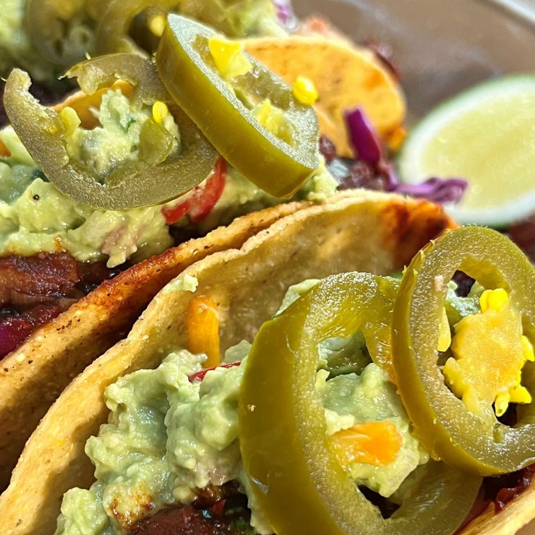 Hard Shell Pork Tacos with 3-Chile Salsa and Guac 