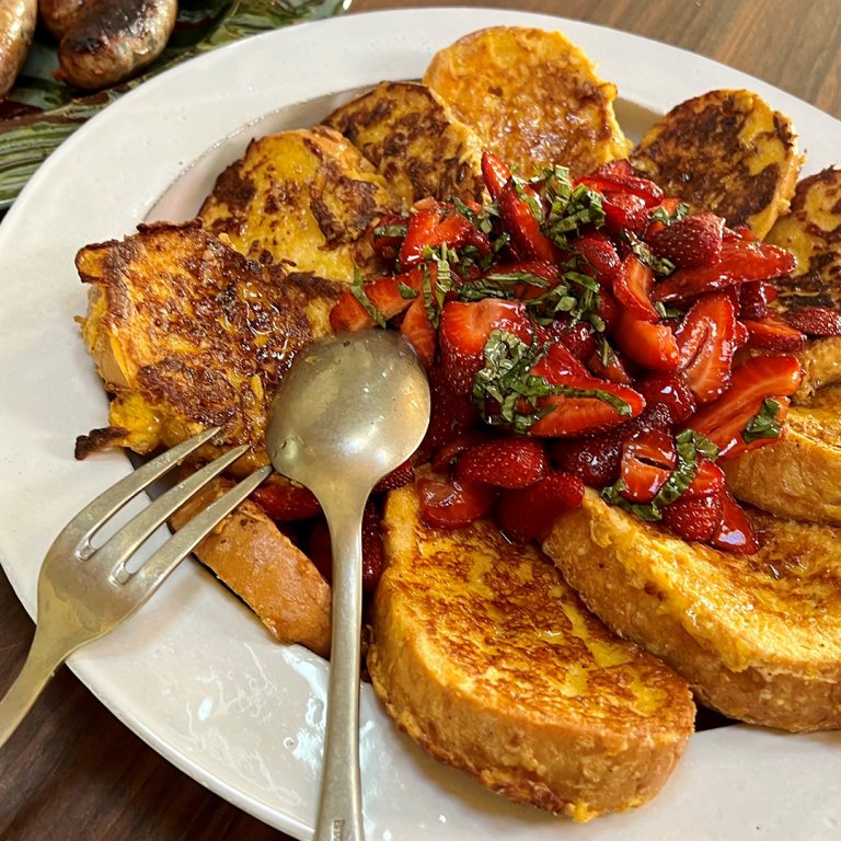 Savory French Toast with Strawberries and Basil and Sausages