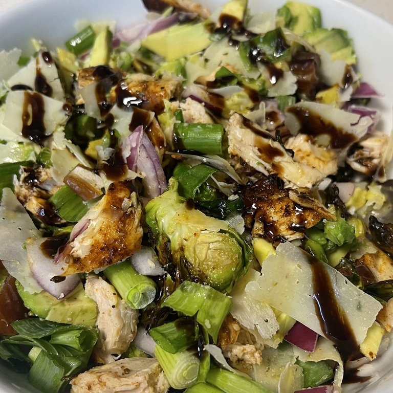 Air Fryer Salad with Marinated Chicken and Shaved Brussels Sprouts      