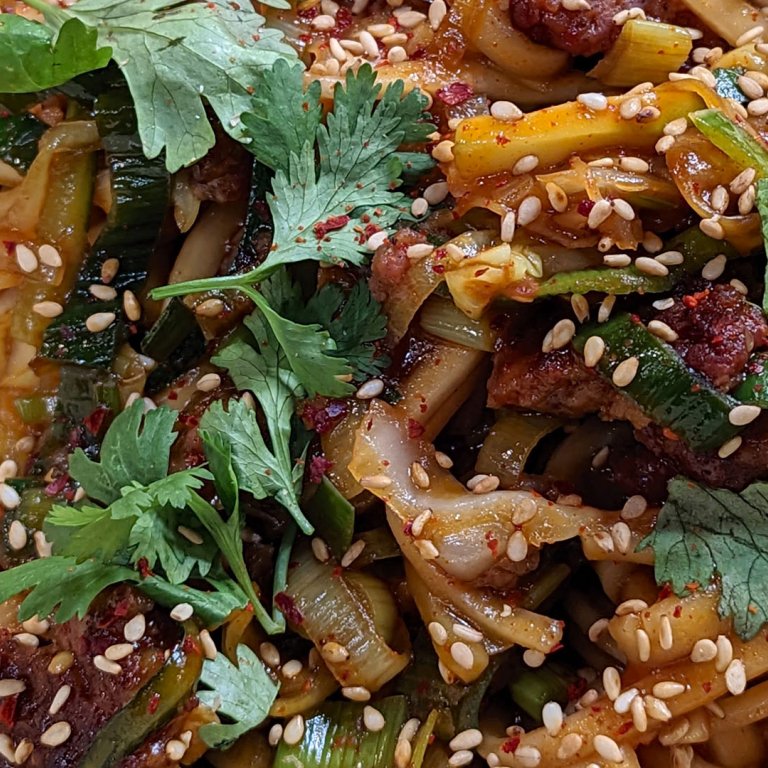 Korean-Style Noodles with Veggies and Spicy Sausage
