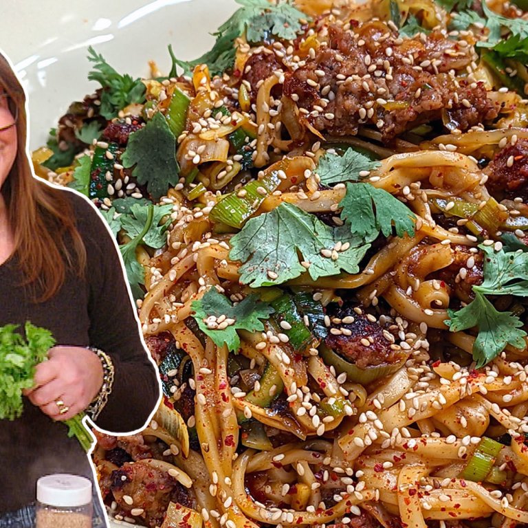Korean-Style Noodles with Veggies and Spicy Sausage | Rachael Ray