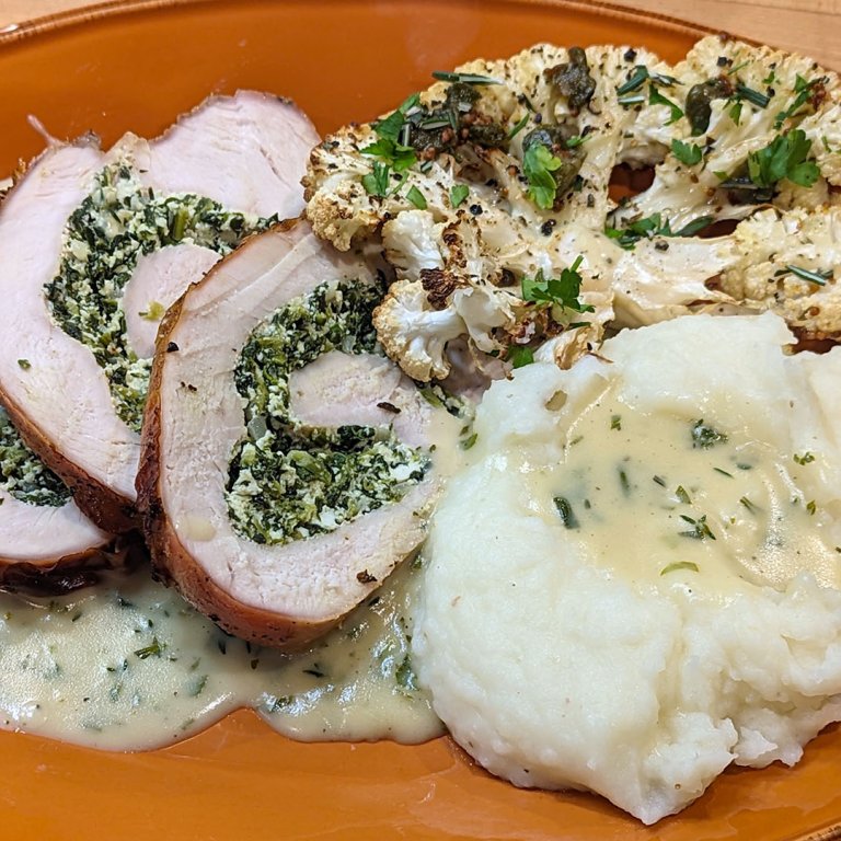 Italian Rolled Turkey Breast with Spinach & Ricotta and Herb Gravy
