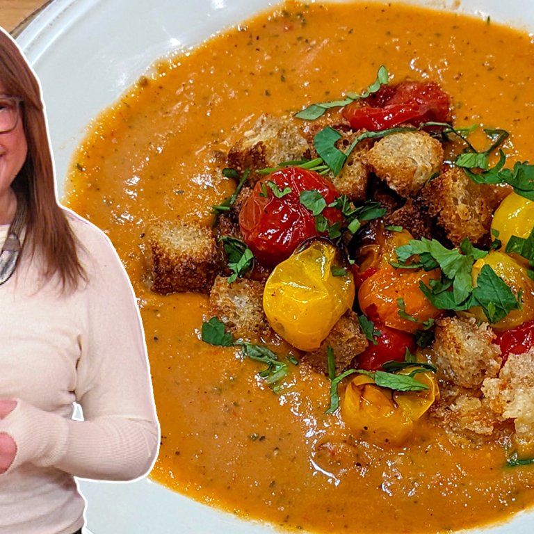 Roasted Cherry Tomato Soup and Bacon Croutons | Rachael Ray