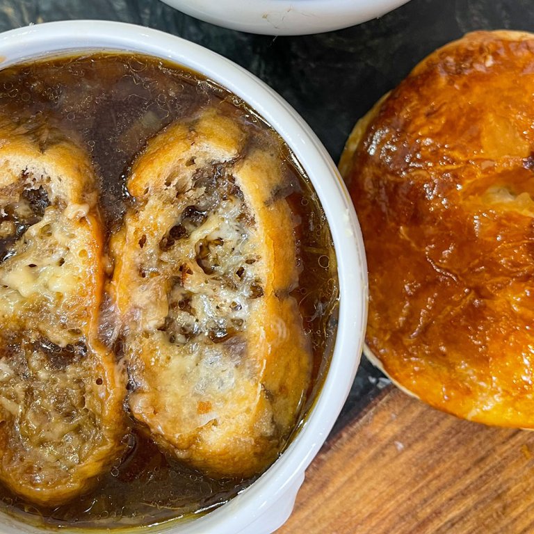 French Onion Soup with Puff Pastry Parmesan