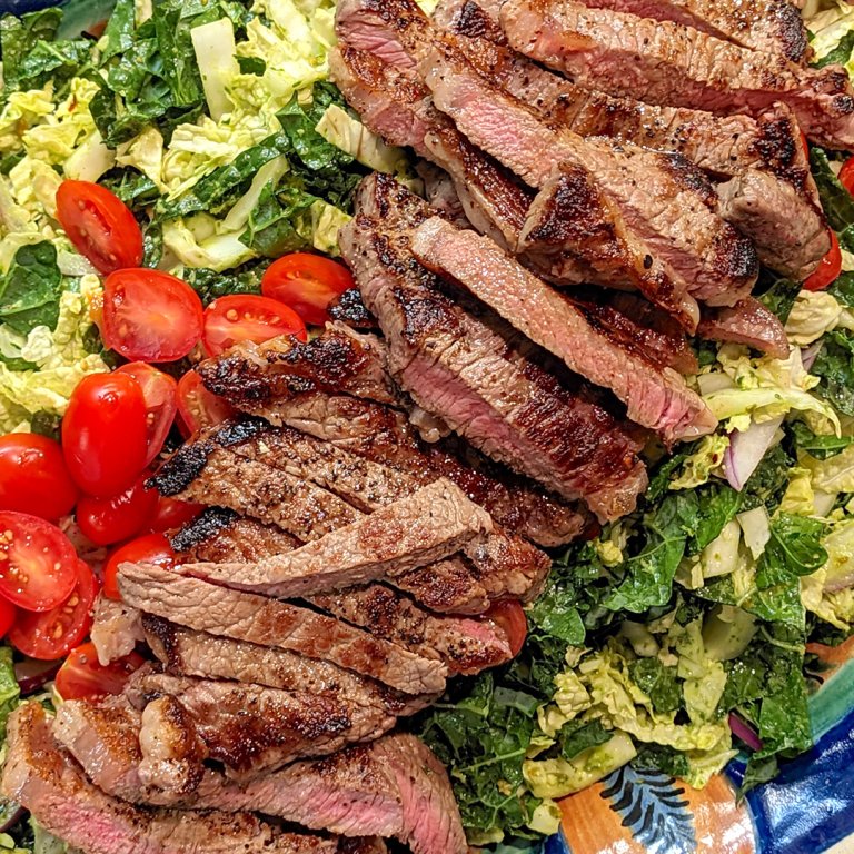 Kale and Cabbage Pesto Salad with Sliced Steak or Chicken