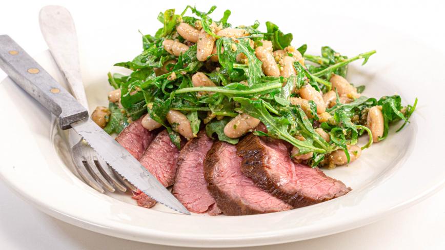 Flank Steak with Walnut-Scallion Pesto Bean Salad