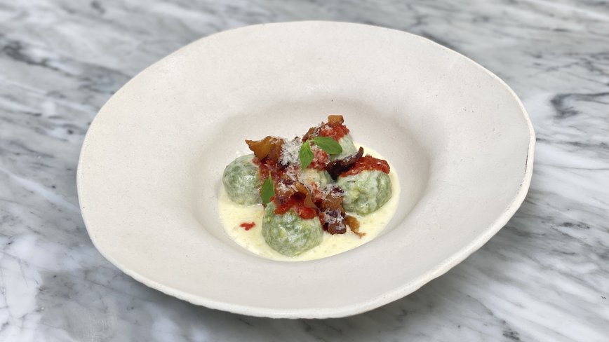 Spinach Ricotta Gnudi with Tomato Sauce and Crispy Guanciale