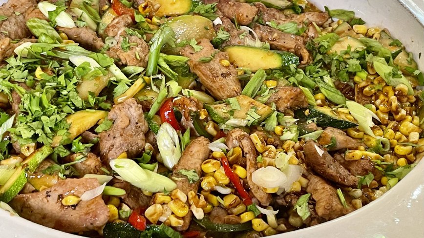 Barbecue Pork Stir-Fry with Corn and Zucchini